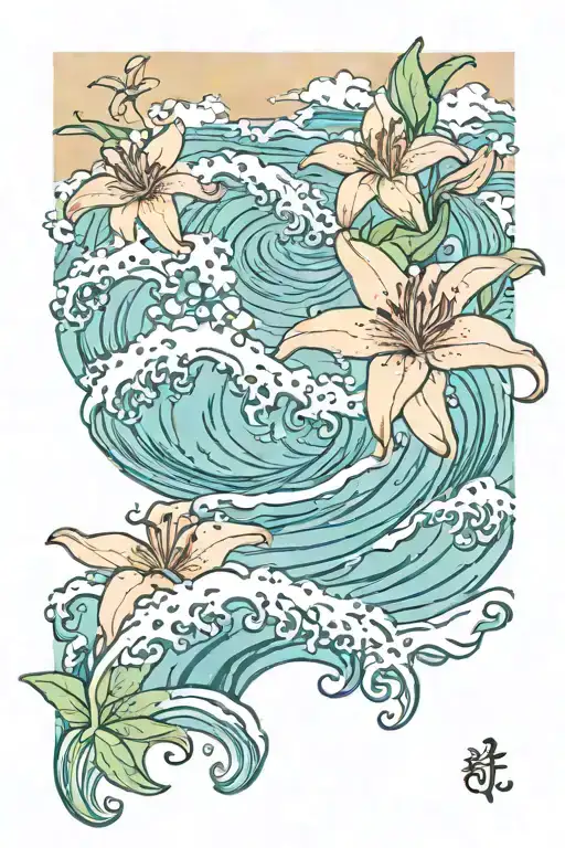 ocean wave and lilly tattoo design idea