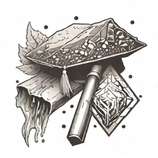 geology crystal with a graduation cap and geology pick tattoo design idea