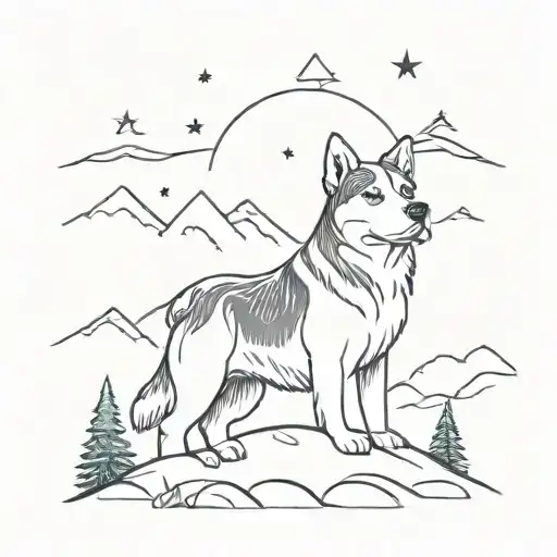 beagle and alaskanmalamute in forest and mountain landscape with northern lights and stars in the sky  tattoo design idea