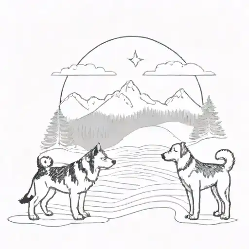 Lapland landscape with northernlights and beagle dog and alaskanmalamute dog  tattoo design idea