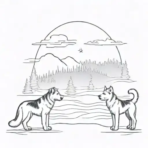 Lapland landscape with northernlights and beagle dog and alaskanmalamute dog  tattoo design idea