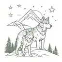 beagle and alaskanmalamute in forest and mountain landscape with northern lights and stars in the sky  tattoo design idea