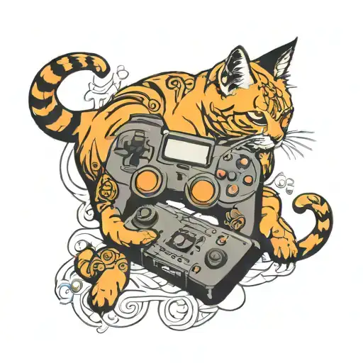 orange cat playing ps5 controller tattoo design idea
