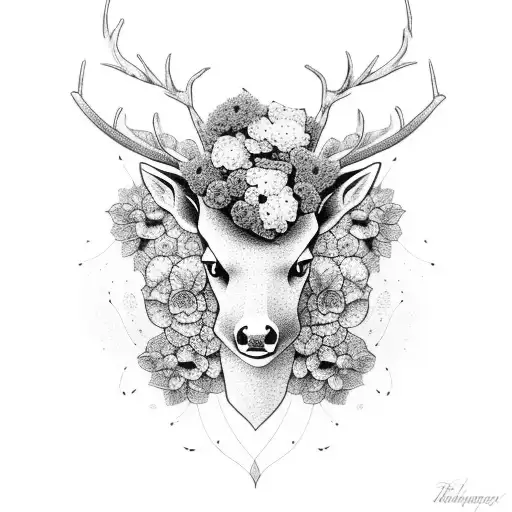 a black deer head with hydrangeas growing out of the head tattoo design idea