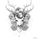 a black deer head with hydrangeas growing out of the head tattoo design idea