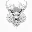 a black deer head with hydrangeas growing out of the head tattoo design idea