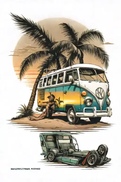 Surfboard leaning on Volkswagen Bus on beach with sunset behind and a palm tree. Man sitting on lawn chair with halo tattoo design idea