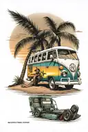 Surfboard leaning on Volkswagen Bus on beach with sunset behind and a palm tree. Man sitting on lawn chair with halo tattoo design idea