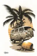 Surfboard leaning on Volkswagen Bus on beach with sunset behind and a palm tree. Man sitting on lawn chair with halo tattoo design idea