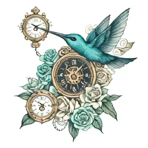 roses, hummingbird, cross, rosary, clock face,  tattoo design idea
