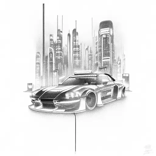 A futuristic cityscape with modified cars racing through neon-lit streets, capturing the essence of the JDM scene tattoo design idea