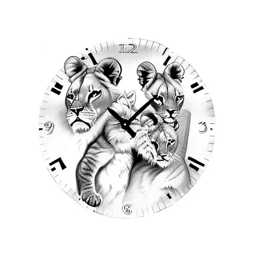 clock with lioness and 2 cubs tattoo design idea