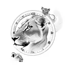 clock with lioness and 2 cubs with sunrays and angry Pegasus tattoo design idea