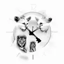 clock with lioness and 2 cubs with sunrays and angry Pegasus tattoo design idea
