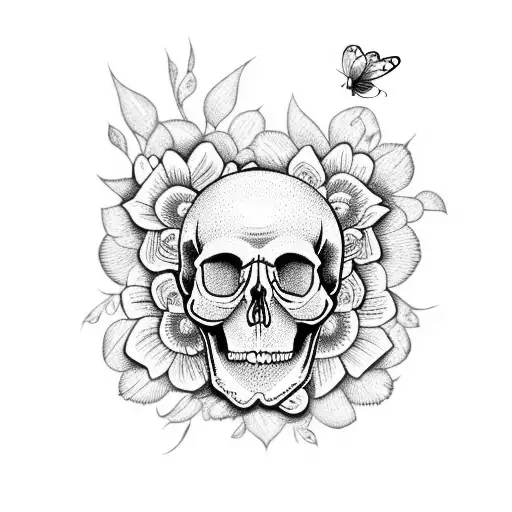 skull with flowers and butterflies tattoo design idea