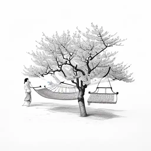 cherry blossom, hammock on sycamore tree tattoo design idea