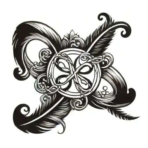 infinity symbol incorporated with a feather and roman numerals tattoo design idea