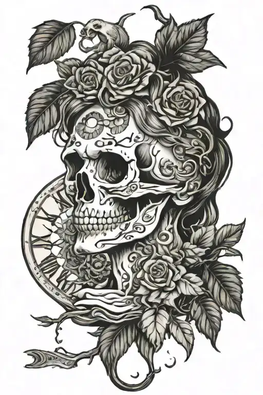 top half skull half clock face bottom tree through seasons and woman aging tattoo design idea