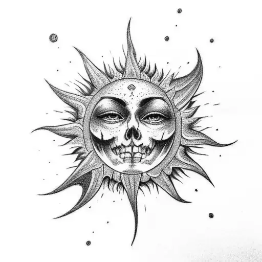spine tattoo: with the sun on one side in red ink and the sky and clouds on the other in blue and black ink tattoo design idea