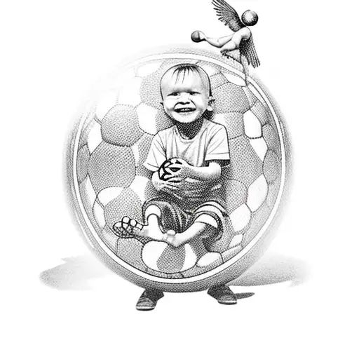 A little boy with wings sitting sideways on a very large soccer ball. the child holds two sunflowers in his hands. Above tattoo design idea