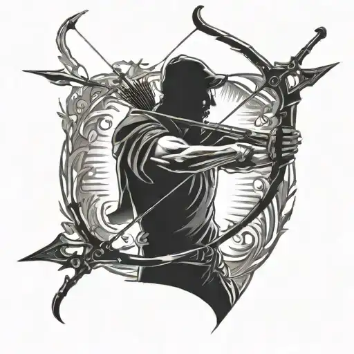 A silhouette of a hunter with a bow and arrow in black-grey shading tattoo design idea