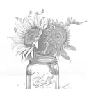 honeysuckle and sunflowers in a mason jar sitting in front on an old fence post with barbed wire tattoo design idea