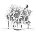 honeysuckle and sunflowers in a mason jar sitting in front on an old fence post with barbed wire tattoo design idea