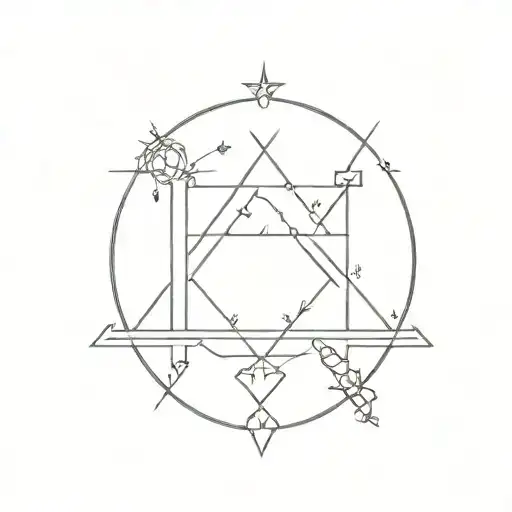 a family tattoo for the thigh featuring celestial elements for birth sign cancer, Sagittarius, and Capricorn.  tattoo design idea