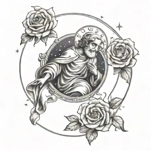 saint Joseph and rose with Virgo and Leo constellation tattoo design idea