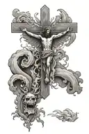 fenix coming from fire rising into a Christ cross surrounded by a tornado tattoo design idea