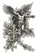 fenix coming from fire rising into a Christ cross surrounded by a tornado tattoo design idea