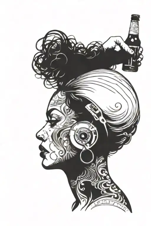 A woman's profile of vinyl records, with beer and whiskey bottles forming her hair and background tattoo design idea