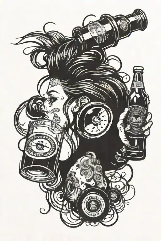 vinyl records, with beer and whiskey bottles forming her hair and background tattoo design idea