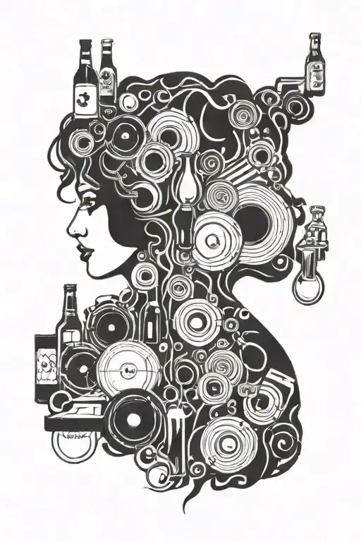 A woman's profile made of vinyl records, with beer and whiskey bottles forming her hair and background tattoo design idea