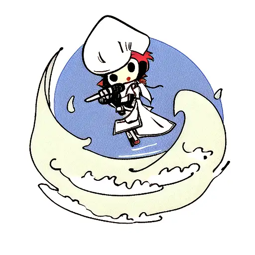A chef's knife and a microphone crossed over a crescent moon, with waves crashing in the background tattoo design idea