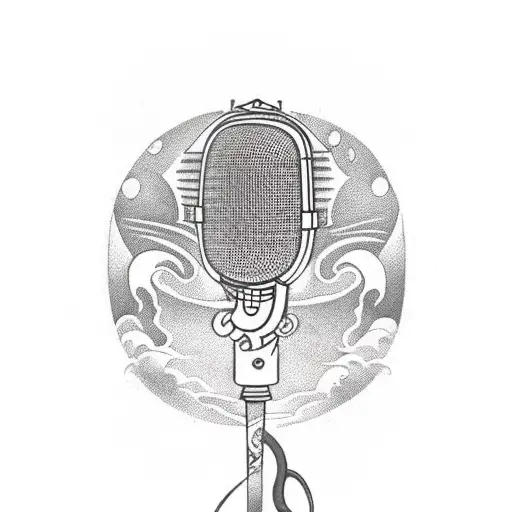 A chef's knife and a microphone crossed over a crescent moon, with waves crashing in the background tattoo design idea