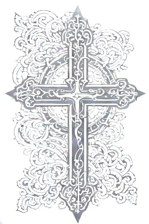 Cross with last name RODAS in the center of cr mordisco corona de tattoo design idea