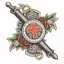 Cross with last name and dog tags around neck tattoo design idea