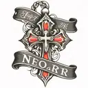 Cross with last name and dog tags around neck tattoo design idea