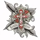 Cross with last name and dog tags around neck tattoo design idea