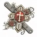 Cross with last name and dog tags around neck tattoo design idea