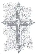 Cross with last name RODAS in the center of cr mordisco corona de tattoo design idea