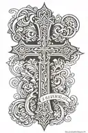 Cross with last name RODAS in the center of cr mordisco corona de tattoo design idea