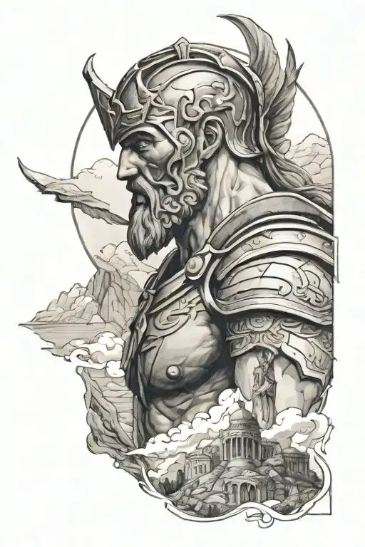 the titan atlas, ares god of war, athena the godess of wisdom, background seven mountains  tattoo design idea
