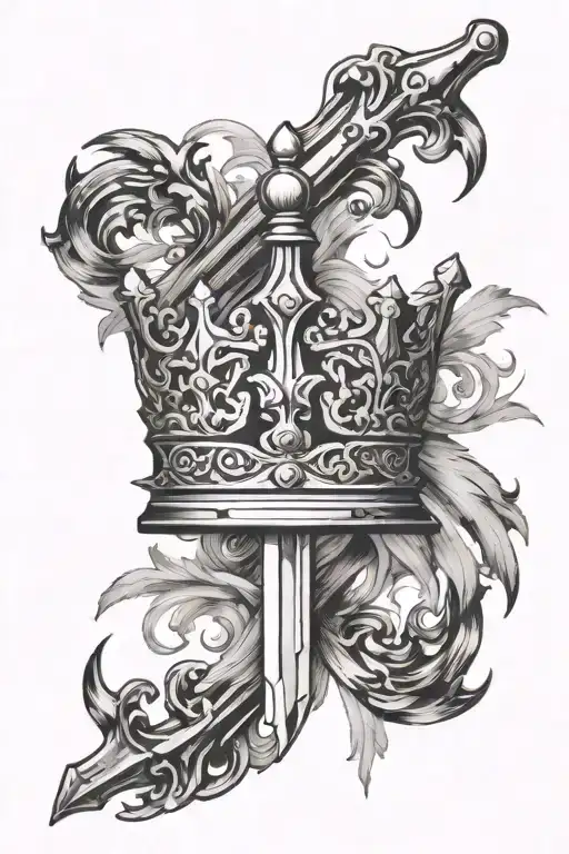 Sword piercing an elegant crown, symbolizing strength. - Jesus cross at the tip of the sword adds  tattoo design idea
