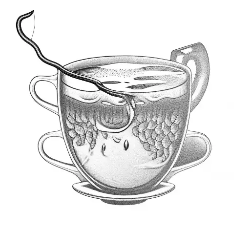A blackwork tattoo of a coffee cup and beer mug merged into one, with a fishing rod and paintbrush intertwined tattoo design idea