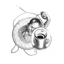 A sketch-style tattoo of a fishing net filled with coffee beans, beer bottles, and a silhouette of a mother and son tattoo design idea