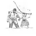 A sketch-style tattoo of a fishing net filled with coffee beans, beer bottles, and a silhouette of a mother and son tattoo design idea