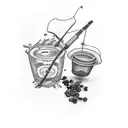 A sketch-style tattoo of a fishing net filled with coffee beans, beer bottles, and a silhouette of a mother and son tattoo design idea