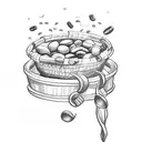 A sketch-style tattoo of a fishing net filled with coffee beans, beer bottles, and a silhouette of a mother and son tattoo design idea